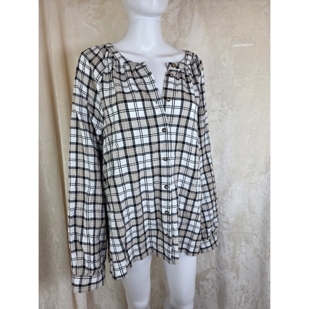 Downeast Halle Blouse XL Gardenia Combo Plaid Cotton Button Front‎  NEW